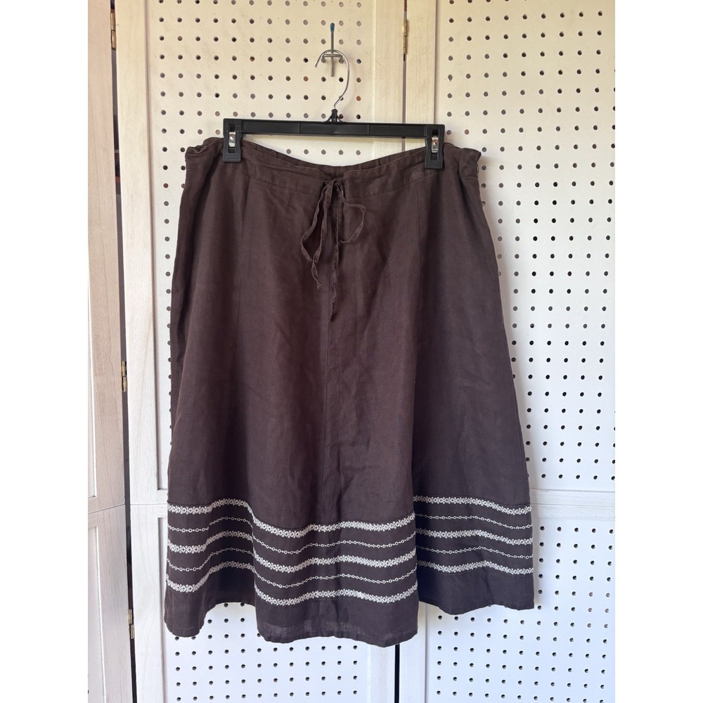 Style & Co Womens 16W 100% Linen Brown Midi Skirt Embroidery Lagenlook A line